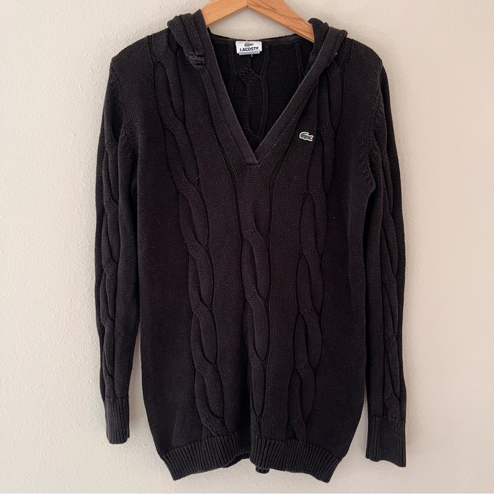 Lacoste Womens Cable Knit Sweater Hood Size 44 XL Logo‎ Preppy Classic Pullover